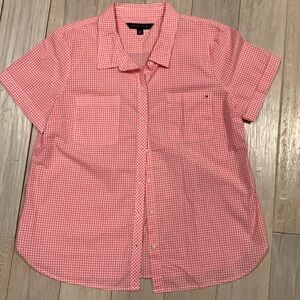 Tommy Hilfiger pink gingham checked short sleeve button up blouse XL new no tag